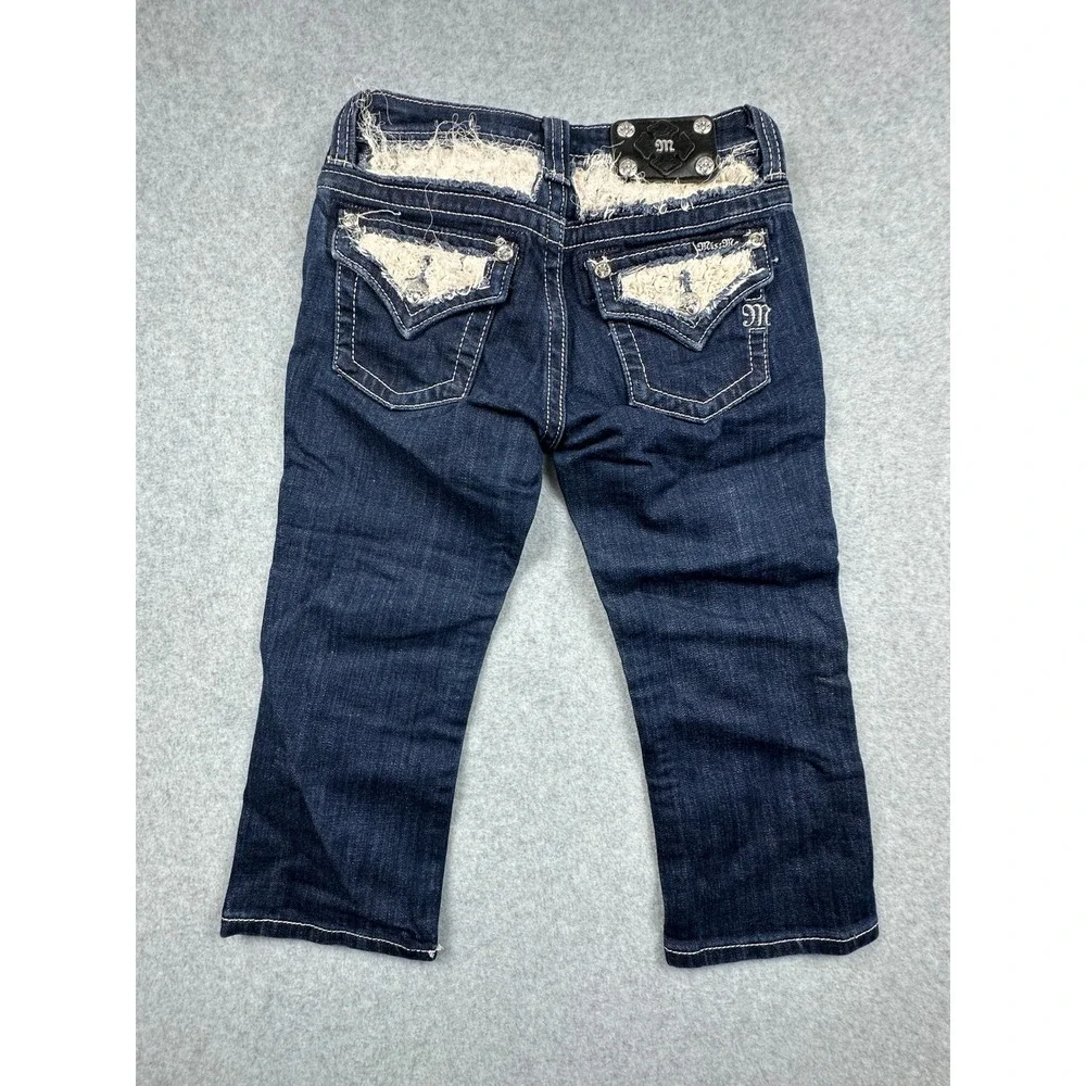Miss Me Girls Dark Wash Denim Capri Jeans Rhinestone Lace JK6166P Size 10/12